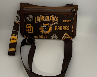 Waterproof canvas cellphone crossbody bag with wrist key lanyard. San Diego Padres