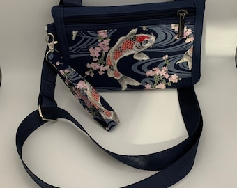 Japanese Koi fish crossbody cellphone bag with wristkey lanyard