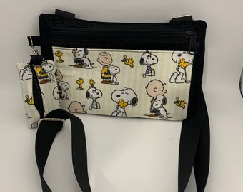 Dog walking cellphone crossbody bag with poop bag holder Snoopy & Charlie Brown