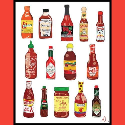 Hot Sauces Art Print Hot Sauce Art Hot Sauce Kitchen Decor Etsy
