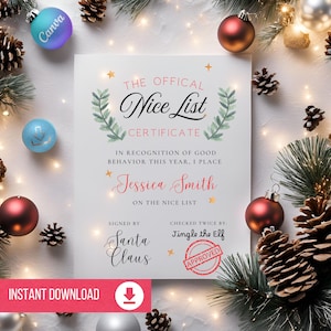 Certificado de la lista de buenos amigos de Papá Noel / Certificado de Navidad / Papá Noel / Santa Claus / Carta imprimible / Editar en Canva