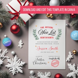 Certificado de la lista de buenos amigos de Papá Noel / Certificado de Navidad / Papá Noel / Santa Claus / Carta imprimible / Editar en Canva