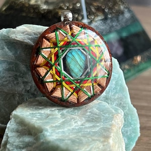 Op de afbeelding: Een ronde hanger met een centrale iriserende blauwe steen omringd door een geometrisch patroon van koperen, gele en groene draadspoelen ingebed in een donkere harsbasis met een zilverkleurig metalen oogje aan de bovenkant.