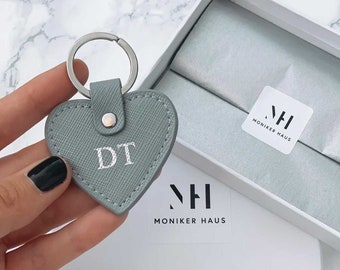 Personalised Grey Heart Keyring - Genuine Saffiano Leather Initial Monogrammed Key Chain