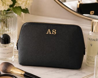 Personalised Embroidered Makeup Bag - Monogram Leather Travel Toiletry Case - Custom Initial Name Cosmetic Bag - Makeup Organiser