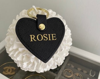Personalised Heart Real Leather Keyring - Monogrammed Genuine Saffiano Leather Initial Key Holder - Leather Key Chain Gift