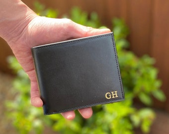 Personalised Leather Men's Bi-Fold Wallet - Genuine Leather Initial Slim Wallet - Personalised Men's Anniversary Gift - Father's Day Gift