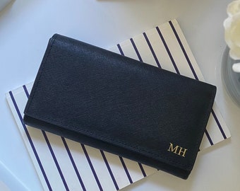 Personalised Leather Fold Over Purse - Genuine Black Saffiano Leather Ladies Wallet - Long Purse for Women Monogram Initials - Gift for Her