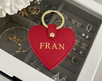 Personalised Red Heart Keyring Key Chain - Monogrammed Genuine Saffiano Leather Initial Key Holder - Heart Keyring with Initials