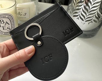 Personalised Black Smooth Leather Card Holder & Round Circle Keyring - Monogrammed Initial Card Wallet - Genuine Real Leather Gift Set