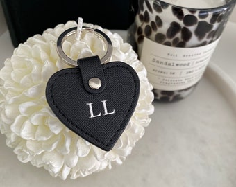 Personalised Mini Heart Saffiano Leather Keyring - Genuine Real Leather Black Grey Initial Key Chain - Monogrammed Key Holder - Gift for Her