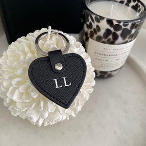 Personalised Mini Heart Saffiano Leather Keyring - Genuine Real Leather Black Grey Initial Key Chain - Monogrammed Key Holder