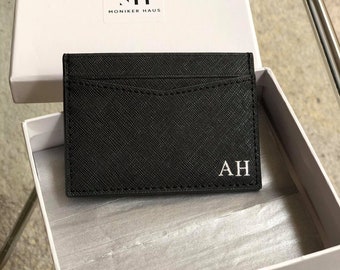 Personalised Leather Card Holder - Initial Credit Card Holder Slim Wallet - Genuine Real Leather Monogrammed Card Sleeve - Gift with Box