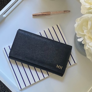 Personalised Leather Fold Over Purse - Genuine Black Saffiano Leather Ladies Wallet - Long Purse for Women Monogram Initials - Gift for Her