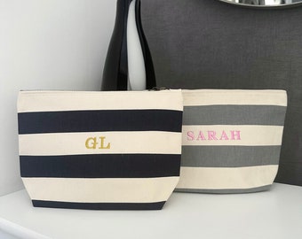 Personalised Canvas Striped Nautical Accessory Pouch - Embroidered Makeup Cosmetic Bag Toiletry Travel Wash Bag - New Baby Gift