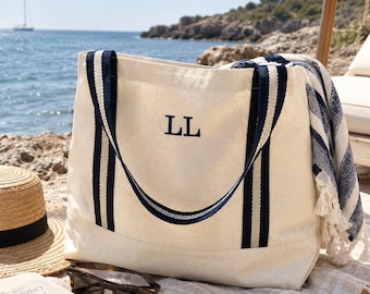 Personalised Embroidered Boat Bag - Custom Initials Tote - Classic Shopper, Holiday Beach Bag, Shopping Bag, Gift for Her, Teacher Stuff Bag