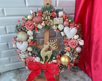 赤いクリスマスリース（リボン付き）、ホリデー玄関ドア用デコレーション（13.7インチ）