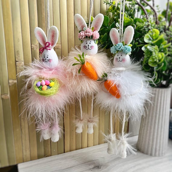 Handmade Easter Bunny Ornament, Marabou Feather Decor