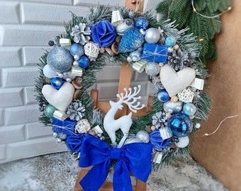 ブルークリスマスリース：ホリデー玄関ドア装飾、13.7インチ