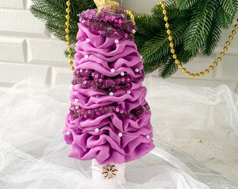 ラインストーン付きミニ紫クリスマスツリー、シャビーシックな装飾