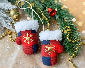 赤いクリスマスミトンオーナメント、2個セット、スカンジナビア風装飾