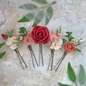 Flower hair pins, pink burgundy beige flower hair pins, wedding flower hair pins, bridal flower hair pins, rose hair pins