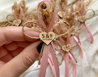 Rustic Wedding Boutonniere Set, Dried Flowers, Personalized Wooden Heart