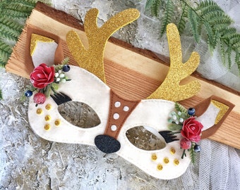 Handmade Deer Felt Mask, Floral Appliqué, Costume Photo Prop