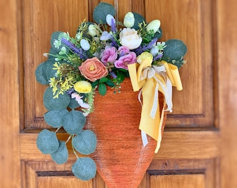 キャロットイースターリース：花柄春のドア飾り、17.7インチ x 12.2インチ