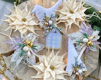 手作りクリスマスツリーオーナメント、スカンジナビア風ポインセチアの星セット