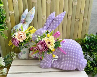 紫色の生地のイースターバニーと花、春のイースター装飾生地、イースターのウサギ、農家の装飾、ハッピーイースターギフト、かわいいウサギのテーブル装飾