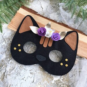Cat felt mask, Halloween mask, Cat costume, Christmas photo booth prop, Elastic back,  Felt applique, cat felt mask with flowers