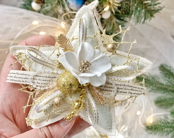 手作りの布製クリスマススターオーナメント、ホワイト、ベージュ、ゴールド