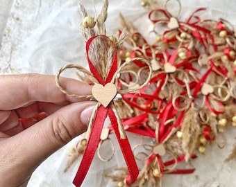 ボヘミアンブートニアセット：ドライフラワー、リボン、木製ハート - ウェディングギフト