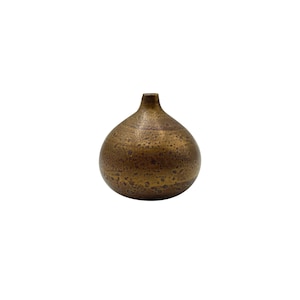 May include: A small, bronze-colored vase with a rounded body and a narrow neck. The surface has a textured, mottled appearance, giving it an aged look. The vase is likely made of metal and is suitable for home decor.