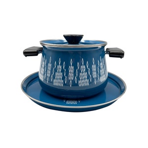 May include: A blue enamel pot with a white geometric pattern and a matching blue plate. The pot has black handles and a lid.
