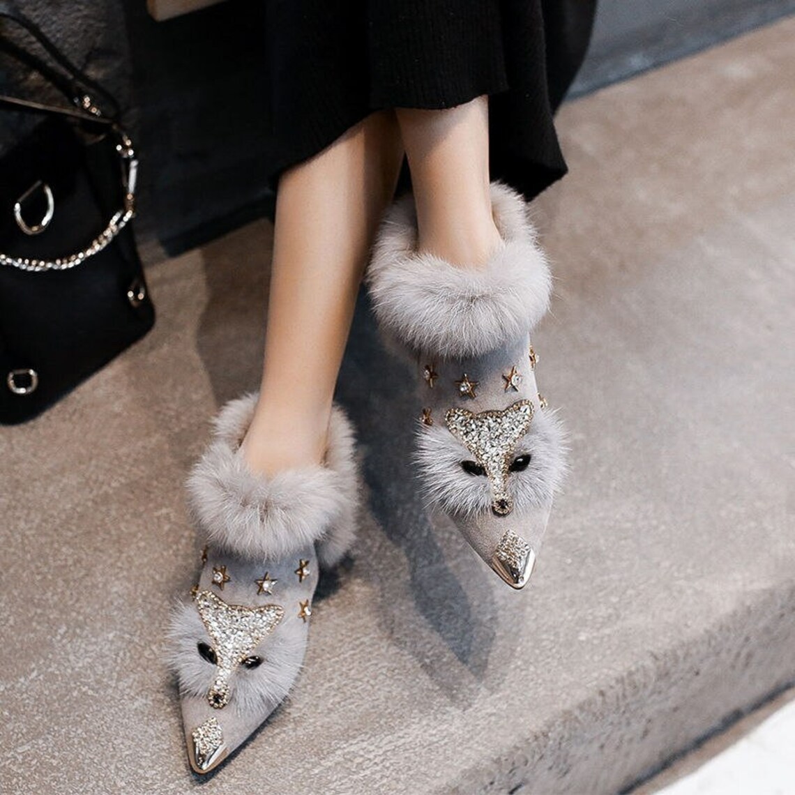 Women Rabbit Fur Boots Winter Shoes Pointed Toe Glitter Etsy