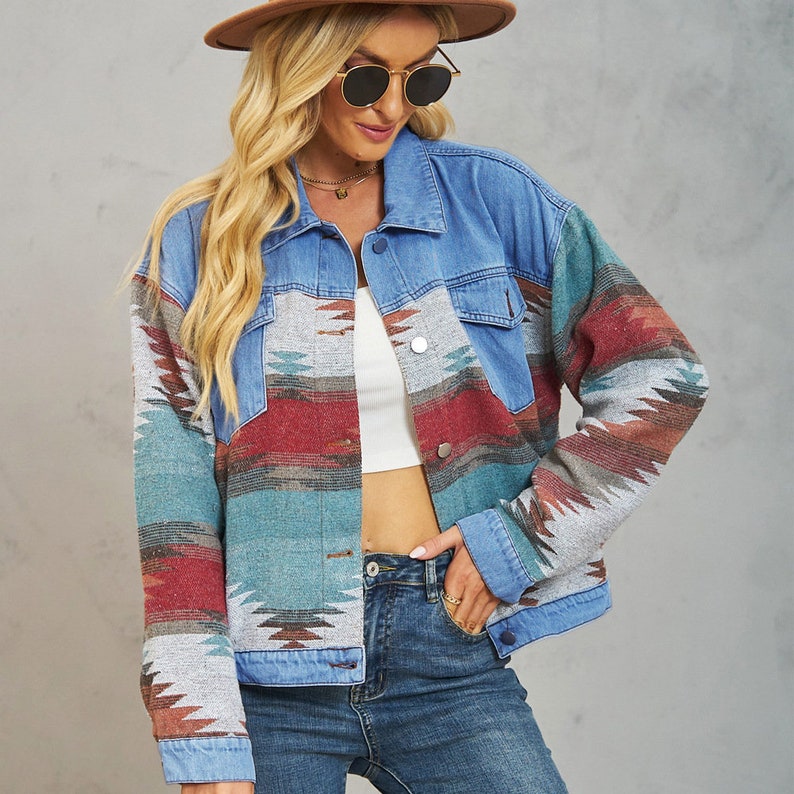 Retro Denim Aztec Jacket Boho Patchwork Jacket Bohemian - Etsy