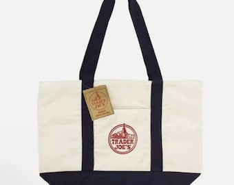 Trader Joes Größte 22X14 Wiederverwendbare Canvas Eco Tote Hochleistungstasche Blau & Weiß
