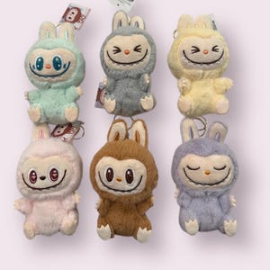 May include: Six plush bunny keychains in various colors: mint green, gray, yellow, pink, brown, and lavender. Each plush has a smiling face and a hood. The keychains are attached to small tags.
