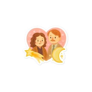 May include: A sticker featuring a couple inside a pink heart with stars. The couple is depicted in a cartoon style, with the woman wearing a brown jacket and the man wearing a tan suit. A yellow crescent moon and shooting star are also included.