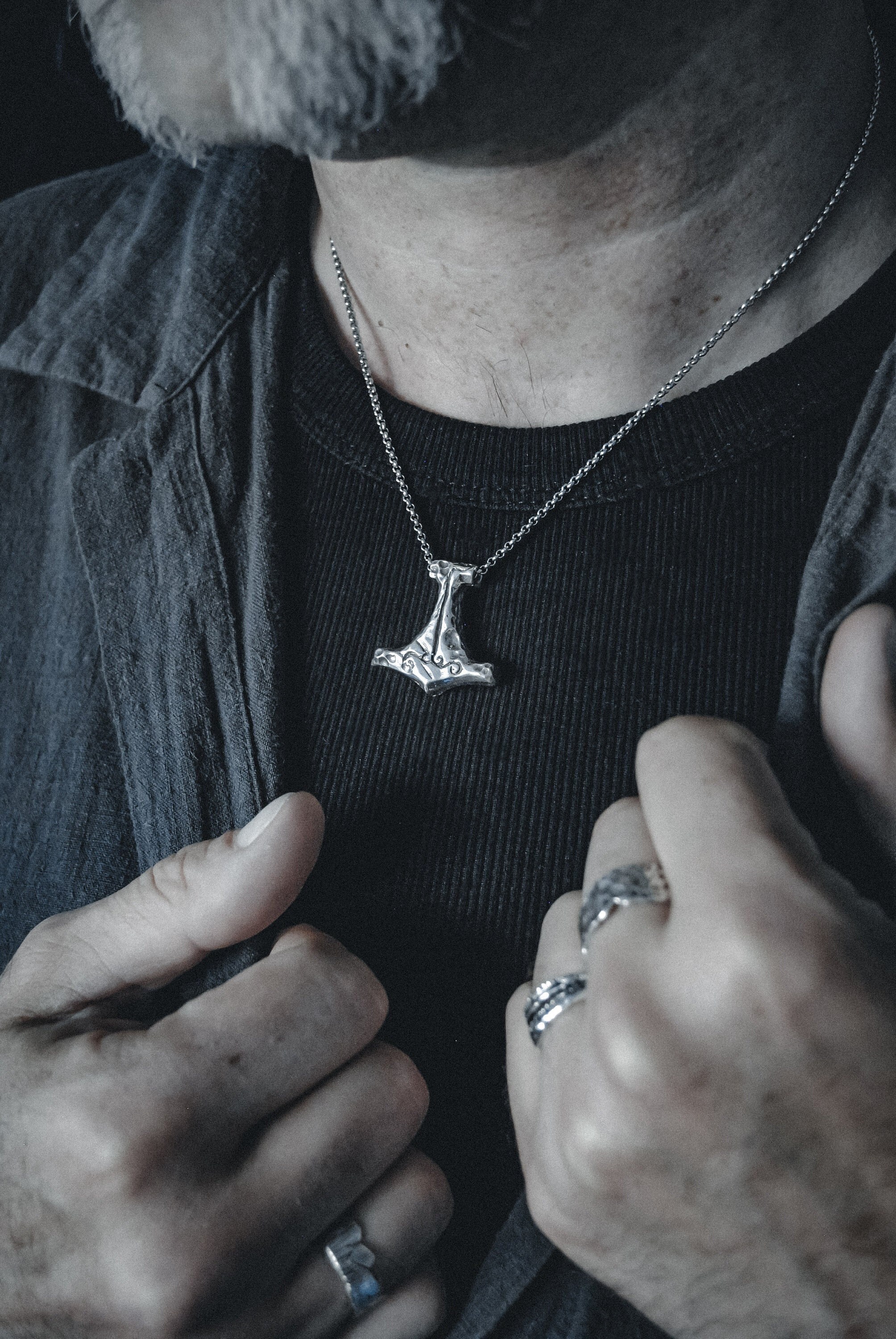 Rustic Mjolnir Silver Pendant - Raw Dark Nordic Viking Thor's Hammer Necklace