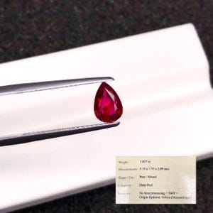 Rubis du Mozambique 100 % naturel non chauffé, certifié EMIL, de 1,027 carat