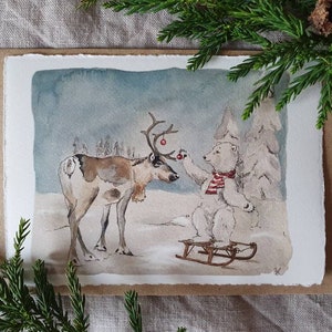 Weihnachtskarte "Winterfreunde" (mit Briefumschlag) - Tierillustration Rentier Eisbär Grußkarte Weihnachten Advent Aquarellkarte