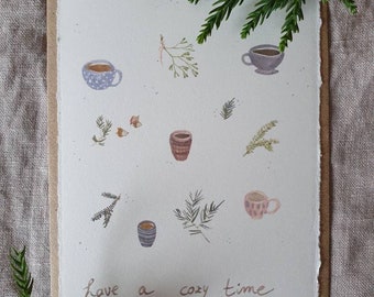 Christmas card "cozy time" (with envelope) - watercolor illustration, tea, hygge, cozy, greeting card, Christmas, Advent, watercolor card