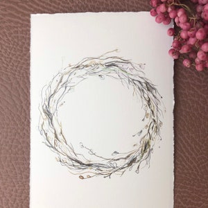Aquarellbild „Weidenkätzchen“ - Grußkarte, Aquarellmalerei, Blumenkranz