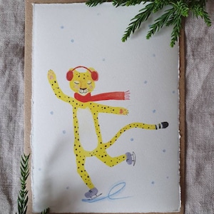 Weihnachtskarte "Leo" (mit Briefumschlag) - Tierillustration Leopard Schlittschuhlaufen Grußkarte Weihnachten Advent Aquarellkarte