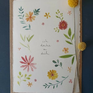 Aquarellbild "Ich denke an dich" - Grußkarte, Blumenillustration