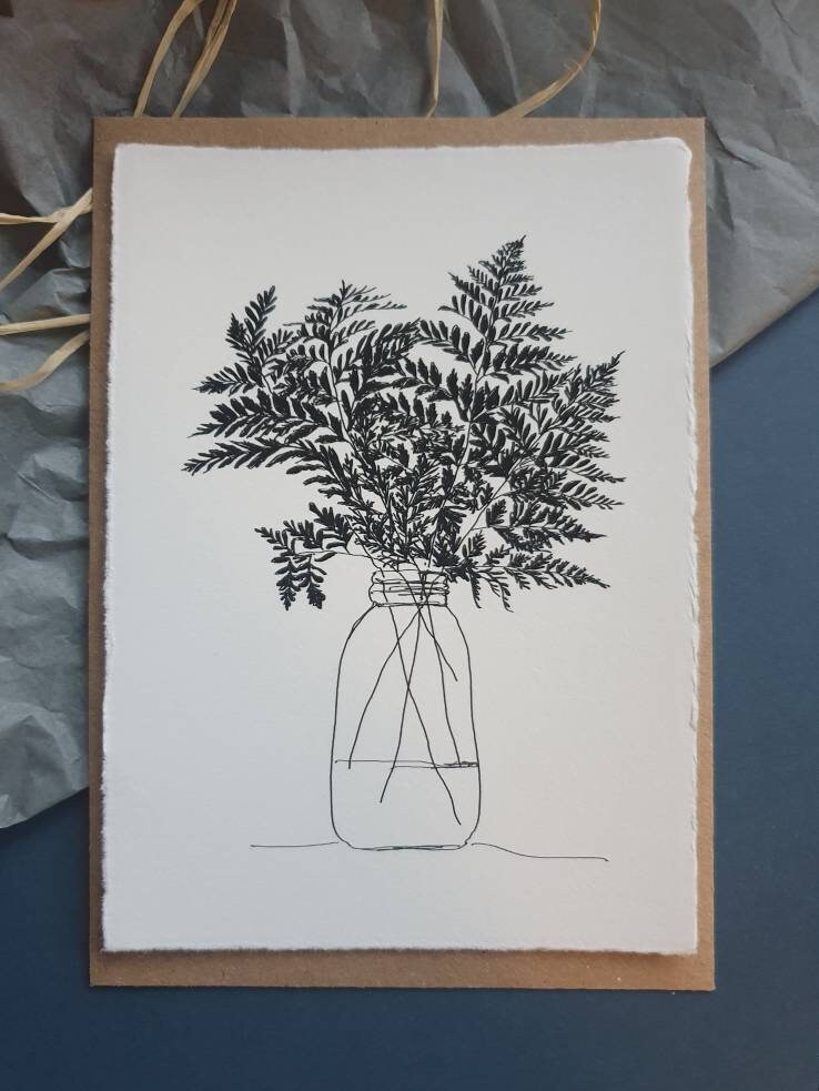 Greeting card "small bouquet" - fern, wildflowers, ink drawing, birthday card