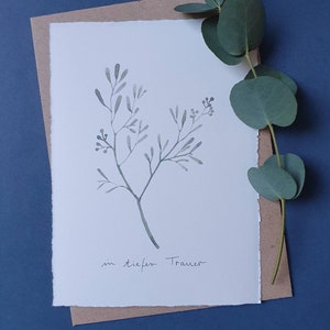Aquarellillustration "Beileidskarte: In tiefer Trauer" - Trauerkarte, Pflanzenillustration
